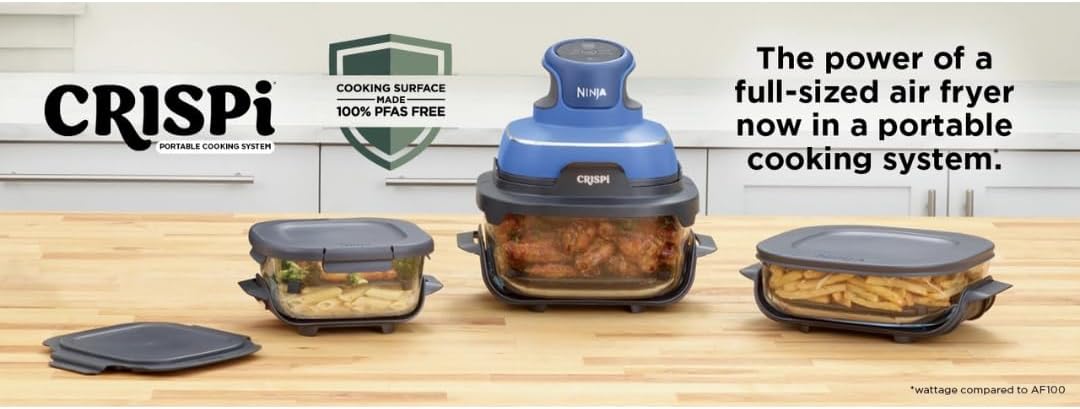 Ninja Crispi 5-In-1 Portable Glass Air Fry Cooking System, 3 Containers & Cover 4-QT, 2.5QT 6-CUP Containers ALL in ONE(Blue)