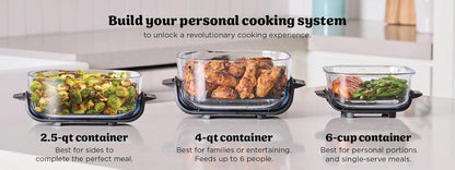 Ninja Crispi 5-In-1 Portable Glass Air Fry Cooking System, 3 Containers & Cover 4-QT, 2.5QT 6-CUP Containers ALL in ONE(Blue)