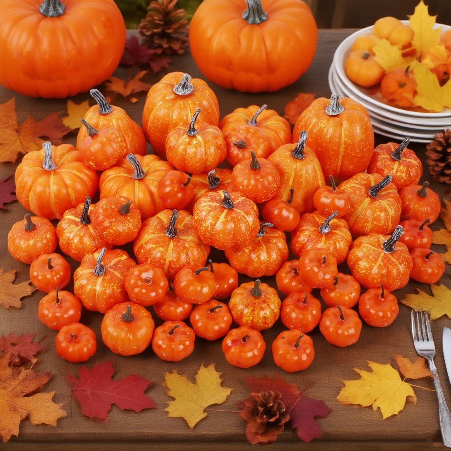 Fall Decorations for Home-6Pcs Mini Pumpkins & 2Pcs Gourds, 30Pcs Autumn Leaves & 10Pcs Acorns, 2Pcs Pinecones Centerpiece Set -Thanksgiving Harvest Decor for Table, Mantel, Party Backdrop
