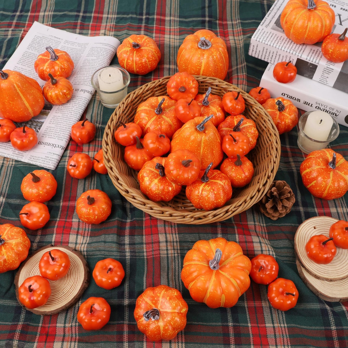 Fall Decorations for Home-6Pcs Mini Pumpkins & 2Pcs Gourds, 30Pcs Autumn Leaves & 10Pcs Acorns, 2Pcs Pinecones Centerpiece Set -Thanksgiving Harvest Decor for Table, Mantel, Party Backdrop