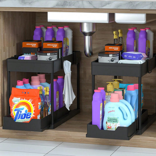 🧺 2-Tier Under-Sink Storage Rack – Sliding Cabinet Organizer with Hooks & Side Baskets