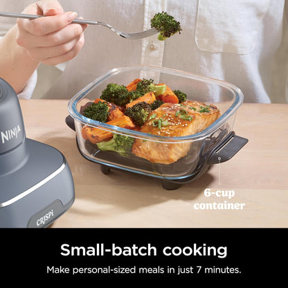 Crispi 4-In-1 Portable Glass Air Fryer Cooking System, 1500W, 4QT & 6-Cup Tempware Glass Containers with Storage Lids, Microwave, Freezer & Dishwasher Safe, Cyberspace Gray, FN101GY