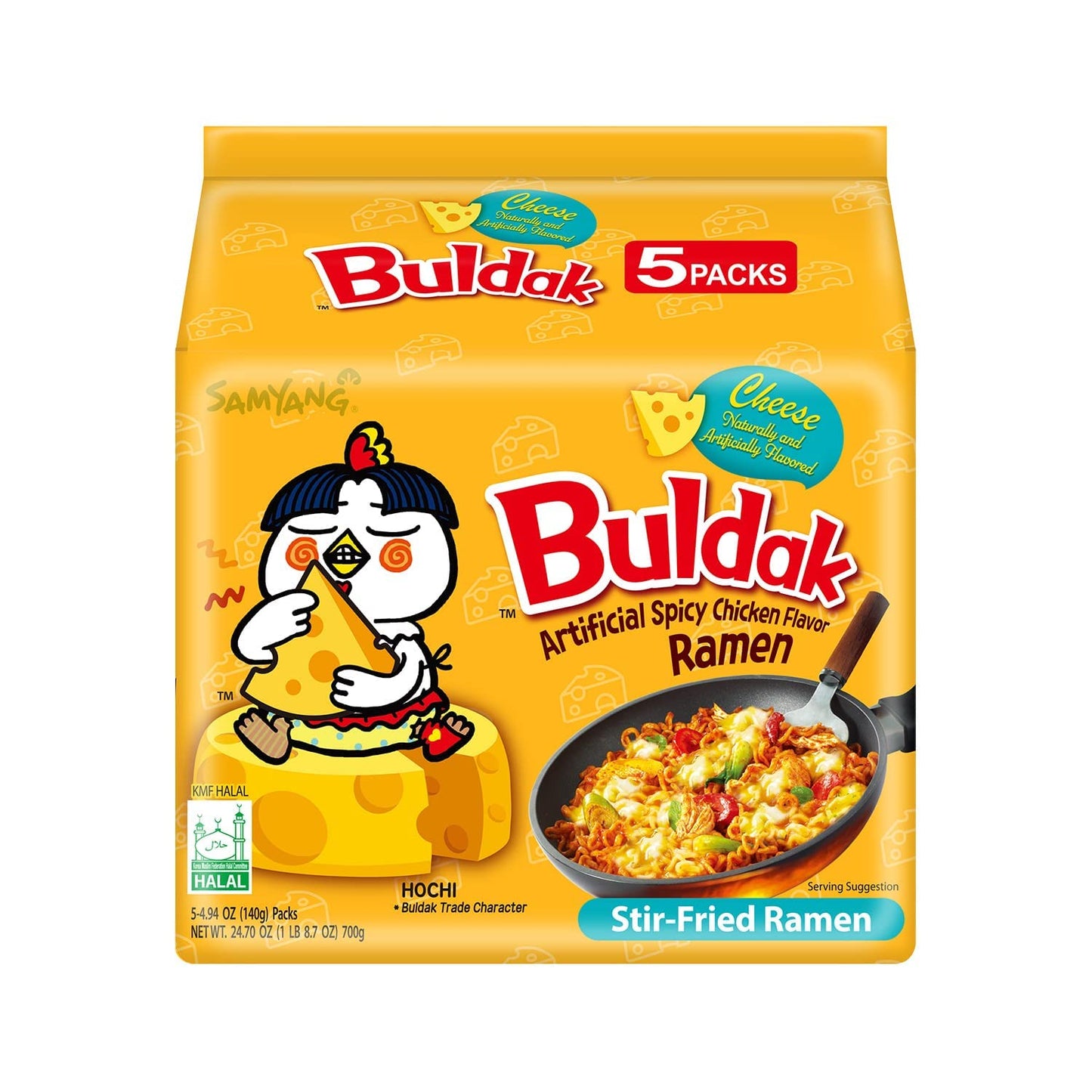 Buldak Spicy Ramen, Hot Chicken Ramen, Korean Stir-Fried Instant Noodle, Cheese, 1 Bag with 5 Pack