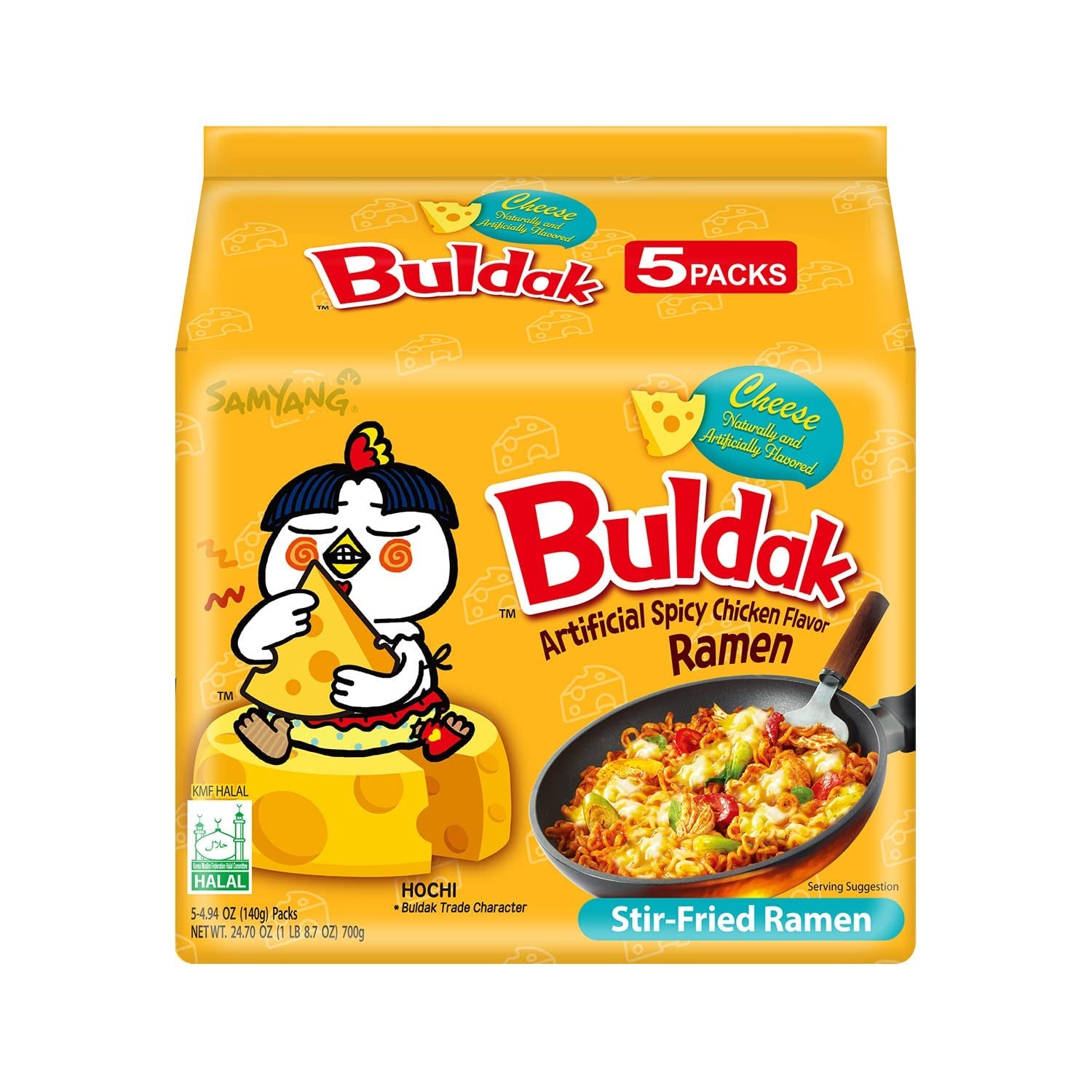 Buldak Spicy Ramen, Hot Chicken Ramen, Korean Stir-Fried Instant Noodle, Cheese, 1 Bag with 5 Pack