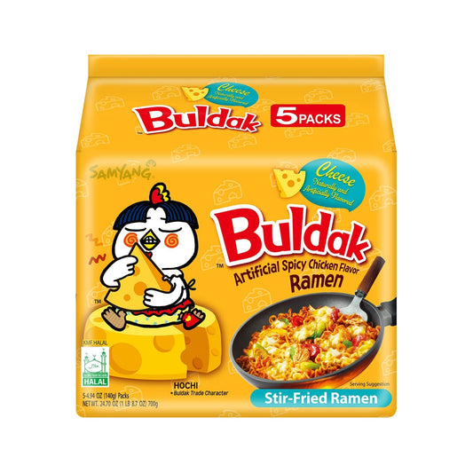 Buldak Spicy Ramen, Hot Chicken Ramen, Korean Stir-Fried Instant Noodle, Cheese, 1 Bag with 5 Pack