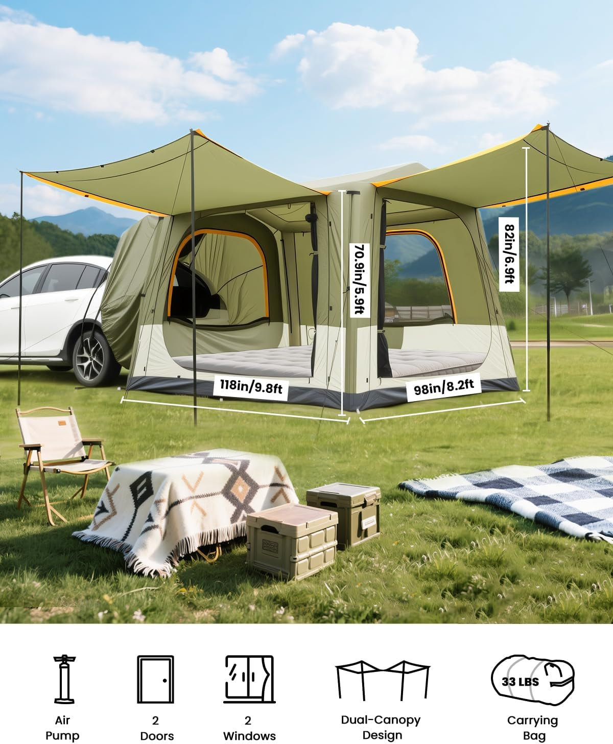 Inflatable Tents for Camping, Blow up Tent with Hand Pump, Easy Setup Inflatable Hot Tent with Stove Jack, Waterproof Oxford Air Glamping Tents for Camping Adult 4-6 Person
