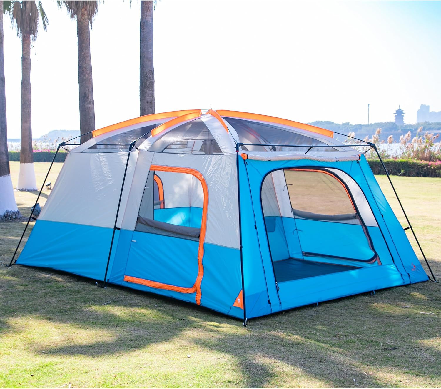 Extra Large Tent 10-12-14 Person(A),Family Cabin Tents,2 Rooms,3 Doors and 3 Windows with Mesh,Straight Wall,Waterproof,Double Layer,Big Tent for Outdoor,Picnic,Camping,Family Gathering