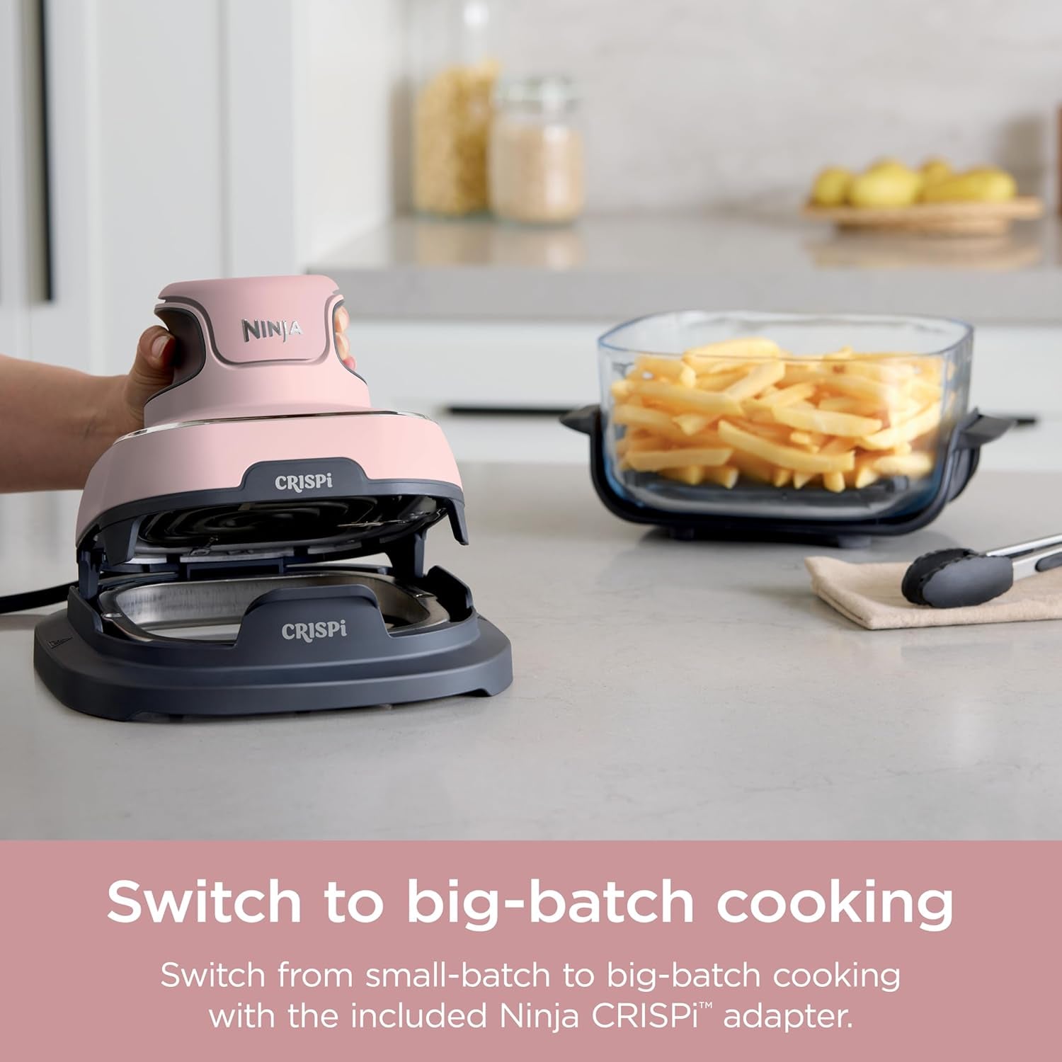 Crispi 4-In-1 Portable Glass Air Fryer Cooking System, 4 QT & 6 Cup Glass Containers with Storage Lids, Easy Meals, Microwave, Freezer & Dishwasher Safe, Air Fry, Bake, & More, Pink, FN101PK