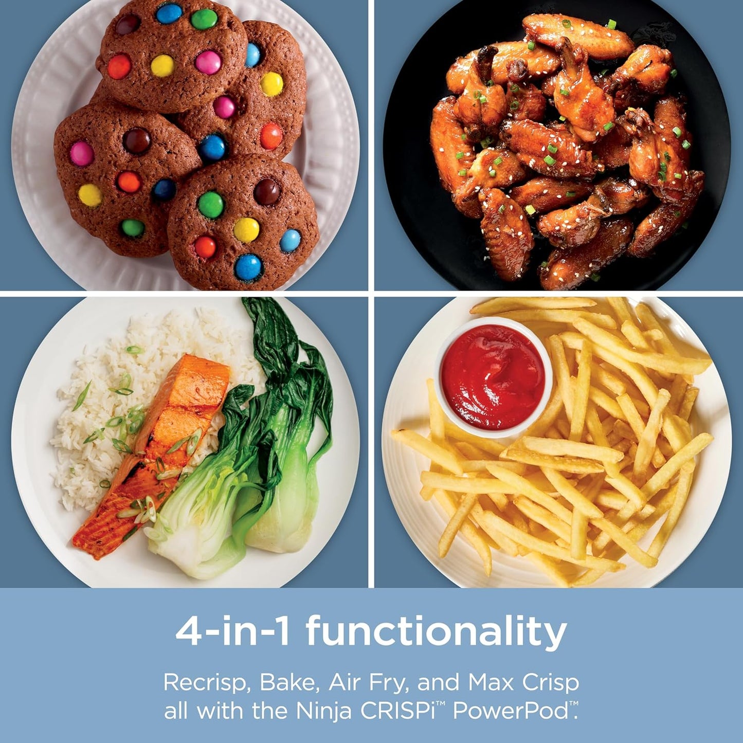 Crispi 4-In-1 Portable Glass Air Fryer Cooking System, 4QT & 6Cup Glass Containers with Storage Lids, Easy Meals, Microwave, Freezer & Dishwasher Safe, Air Fry, Bake, & More, Periwinkle, FN101PL