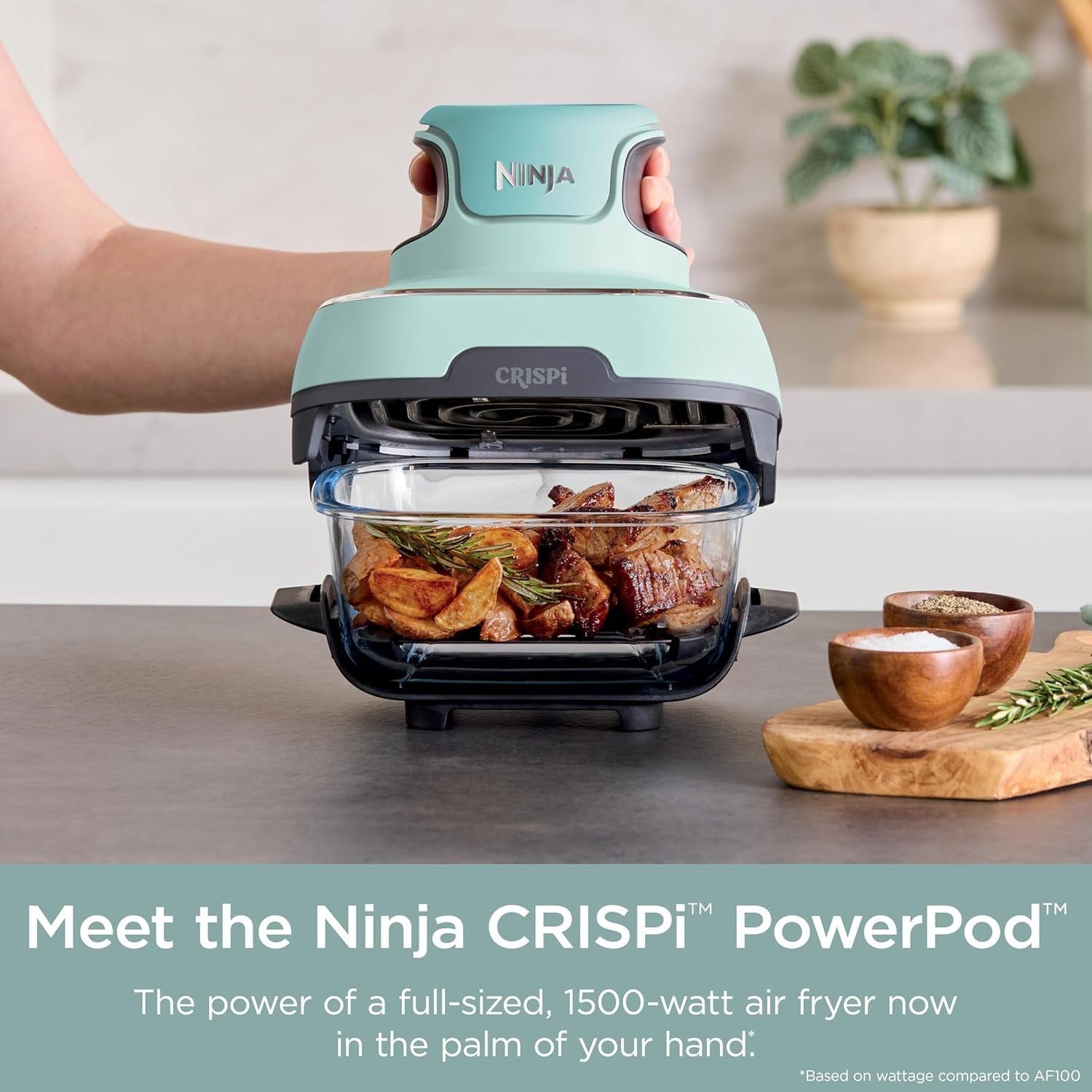 Crispi 4-In-1 Portable Glass Air Fryer Cooking System, 4 QT & 6 Cup Glass Containers with Storage Lids, Easy Meals, Microwave, Freezer & Dishwasher Safe, Air Fry, Bake, & More, Mint, FN101MT