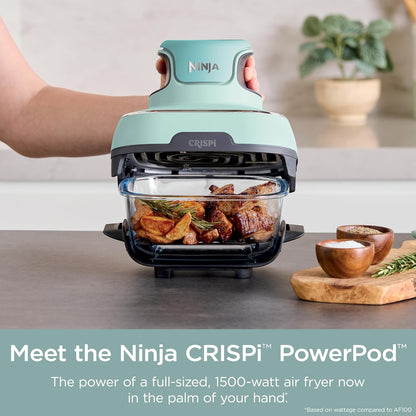 Crispi 4-In-1 Portable Glass Air Fryer Cooking System, 4 QT & 6 Cup Glass Containers with Storage Lids, Easy Meals, Microwave, Freezer & Dishwasher Safe, Air Fry, Bake, & More, Mint, FN101MT