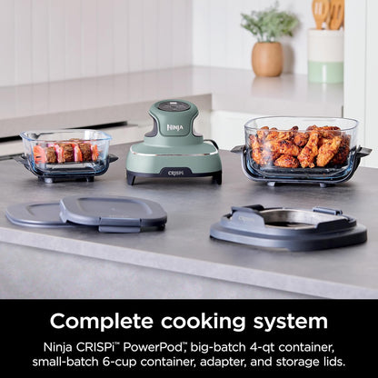 Crispi Air Fryer, Microwave, Freezer & Dishwasher Safe, Non Toxic Glass Portable Cooking System, 4 QT & 6 Cup Glass Containers with Storage Lids, Easy Meals, Air Fry, Bake, Green, FN101SG