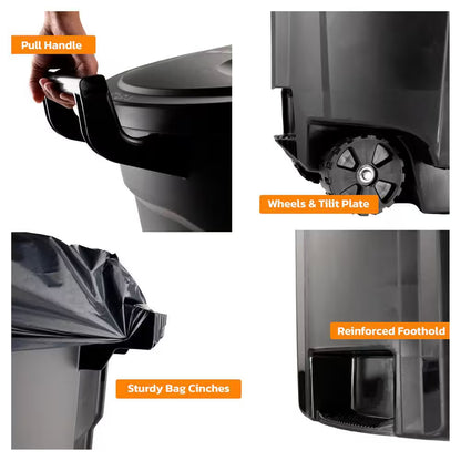 32 Gal. Black Outdoor Vented Trash Can with Wheels, Domed Lid, Rounded Handles, and Reinforced Foothold