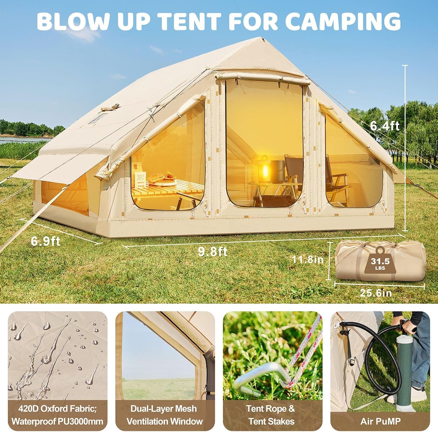 Inflatable Tents for Camping, Blow up Tent with Hand Pump, Easy Setup Inflatable Hot Tent with Stove Jack, Waterproof Oxford Air Glamping Tents for Camping Adult 4-6 Person
