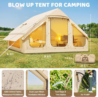 Inflatable Tents for Camping, Blow up Tent with Hand Pump, Easy Setup Inflatable Hot Tent with Stove Jack, Waterproof Oxford Air Glamping Tents for Camping Adult 4-6 Person