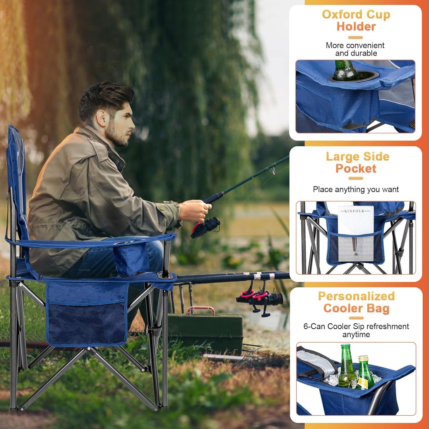 Oversized Camping Chairs,Heavy Duty Support 500 Lbs,Padded Back & Arm Sport Chairs, Cup Holder Cooler Bag, Collapsible Folding Chairs for Outdoor, Fishing & Garden, Blue,2-Pack