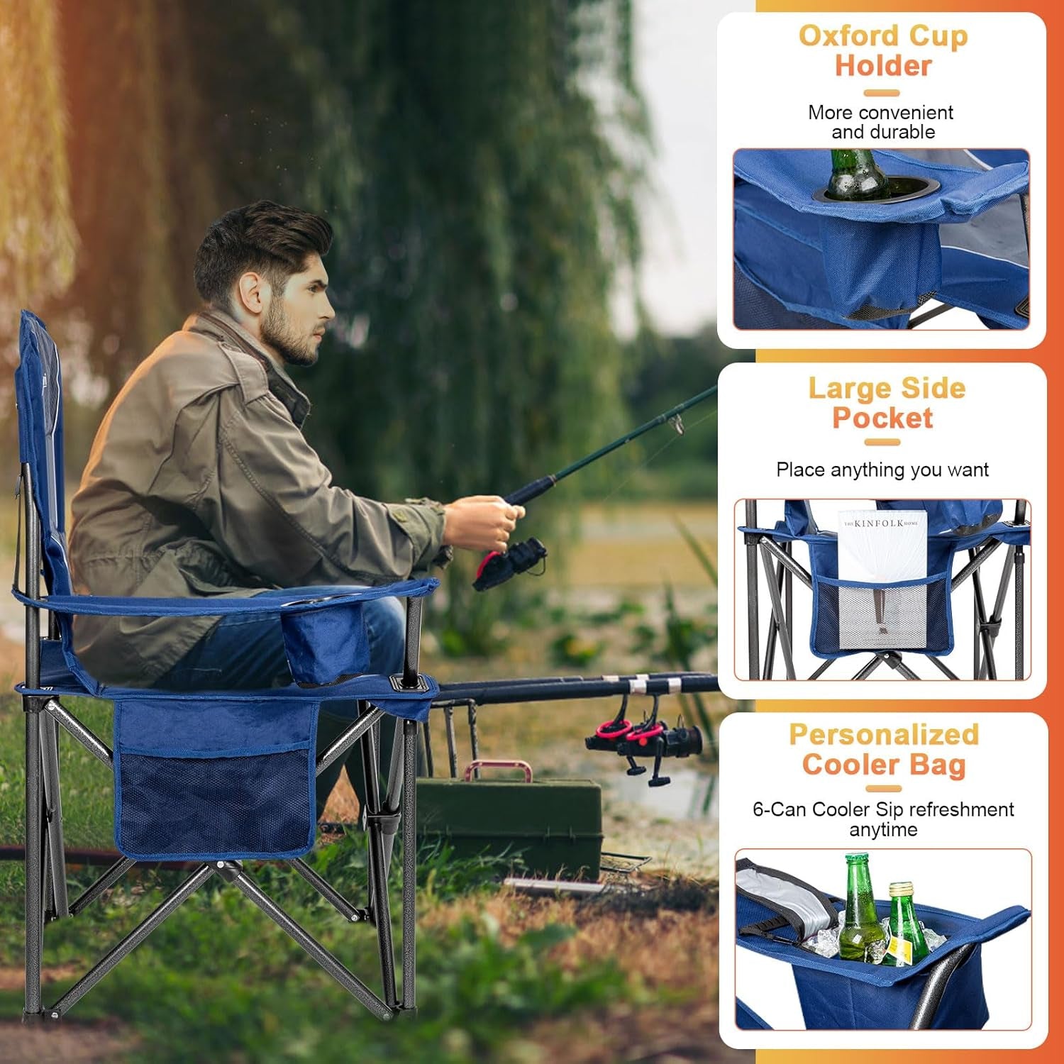 Oversized Camping Chairs,Heavy Duty Support 500 Lbs,Padded Back & Arm Sport Chairs, Cup Holder Cooler Bag, Collapsible Folding Chairs for Outdoor, Fishing & Garden, Blue,2-Pack