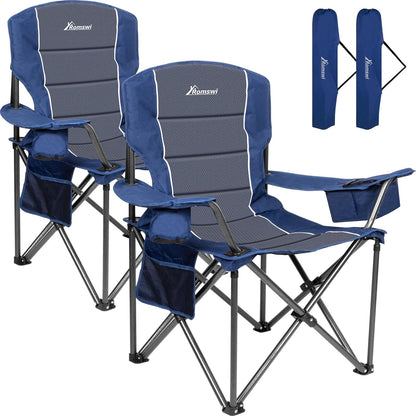 Oversized Camping Chairs,Heavy Duty Support 500 Lbs,Padded Back & Arm Sport Chairs, Cup Holder Cooler Bag, Collapsible Folding Chairs for Outdoor, Fishing & Garden, Blue,2-Pack