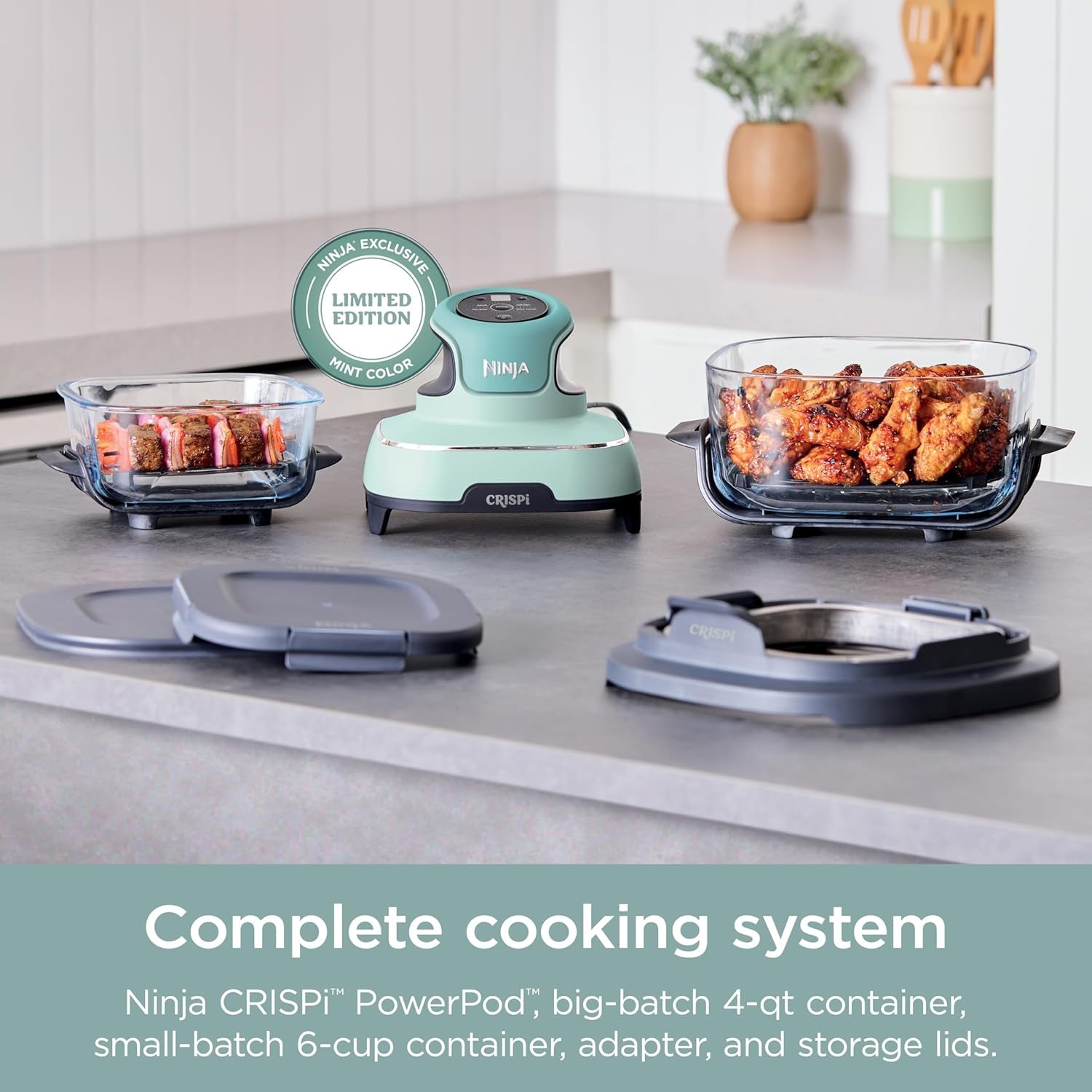 Crispi 4-In-1 Portable Glass Air Fryer Cooking System, 4 QT & 6 Cup Glass Containers with Storage Lids, Easy Meals, Microwave, Freezer & Dishwasher Safe, Air Fry, Bake, & More, Mint, FN101MT