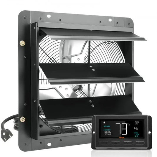 VEVOR Shutter Exhaust Fan, 14'' with Temperature Humidity Controller, Ec-Motor, 1513 CFM, 10-Speed Adjustable Wall Mount Attic Fan, Ventilation and Cooling for Greenhouses, Garages, Sheds, ETL Listed
