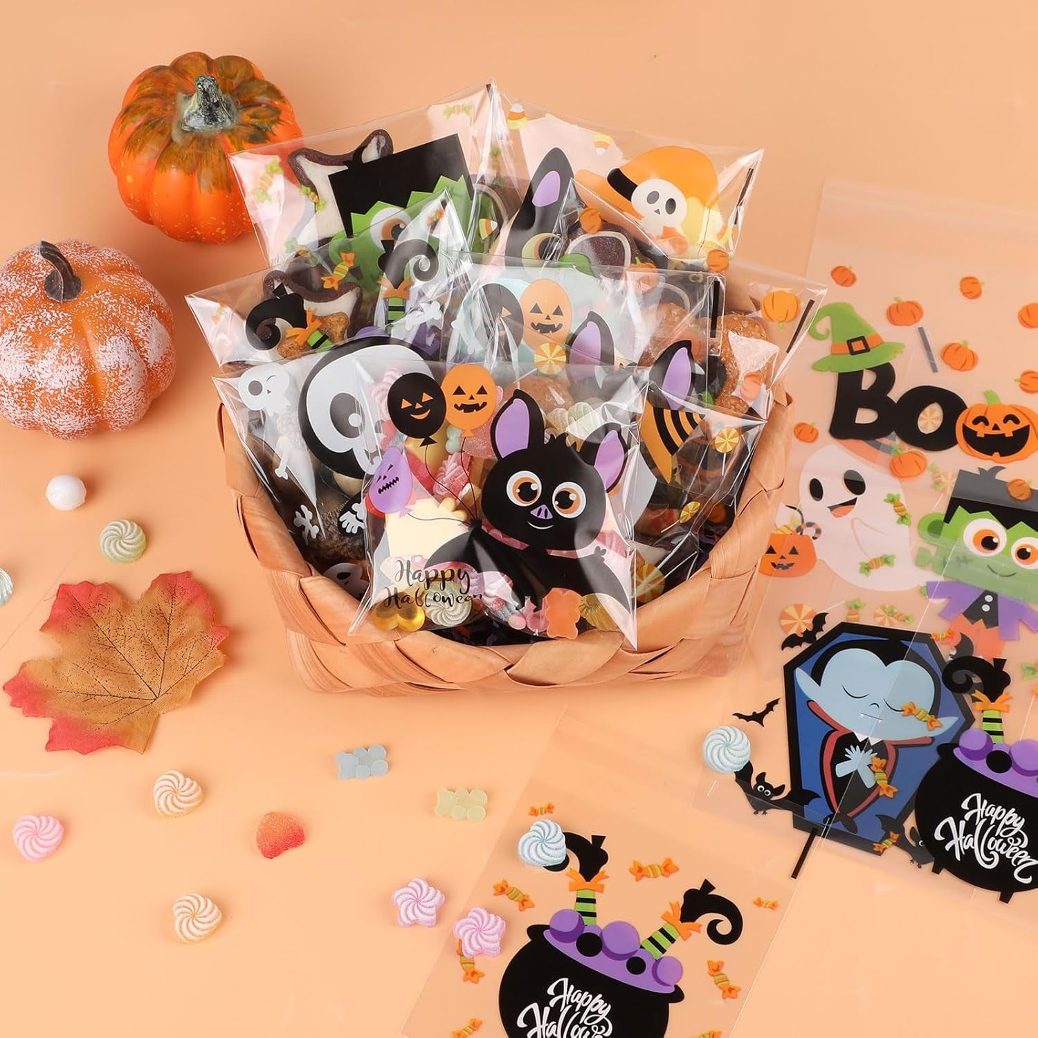 240Pcs Halloween Cellophane Treat Bags Self Adhesive Clear Cookie Bags Self Sealing Transparent Cello Candy Bags Self-Adhesive Plastic Goody Snacks Gift Bags for Halloween Party Favors