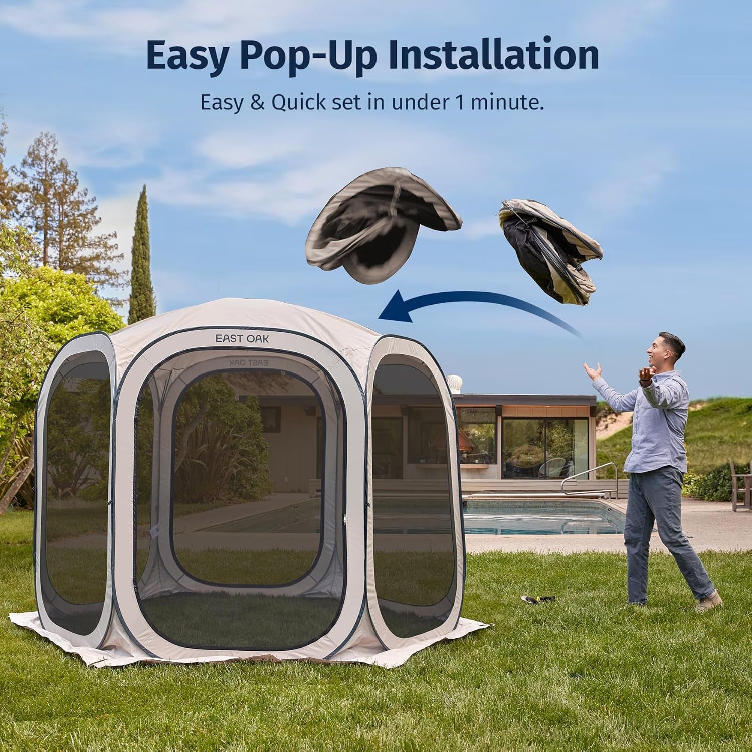 Screen House Tent Pop-Up, Portable Screen Room Canopy Instant Screen Tent 10 X 10 FT with Carry Bag for Patio, Backyard, Deck & Outdoor Activities, Beige