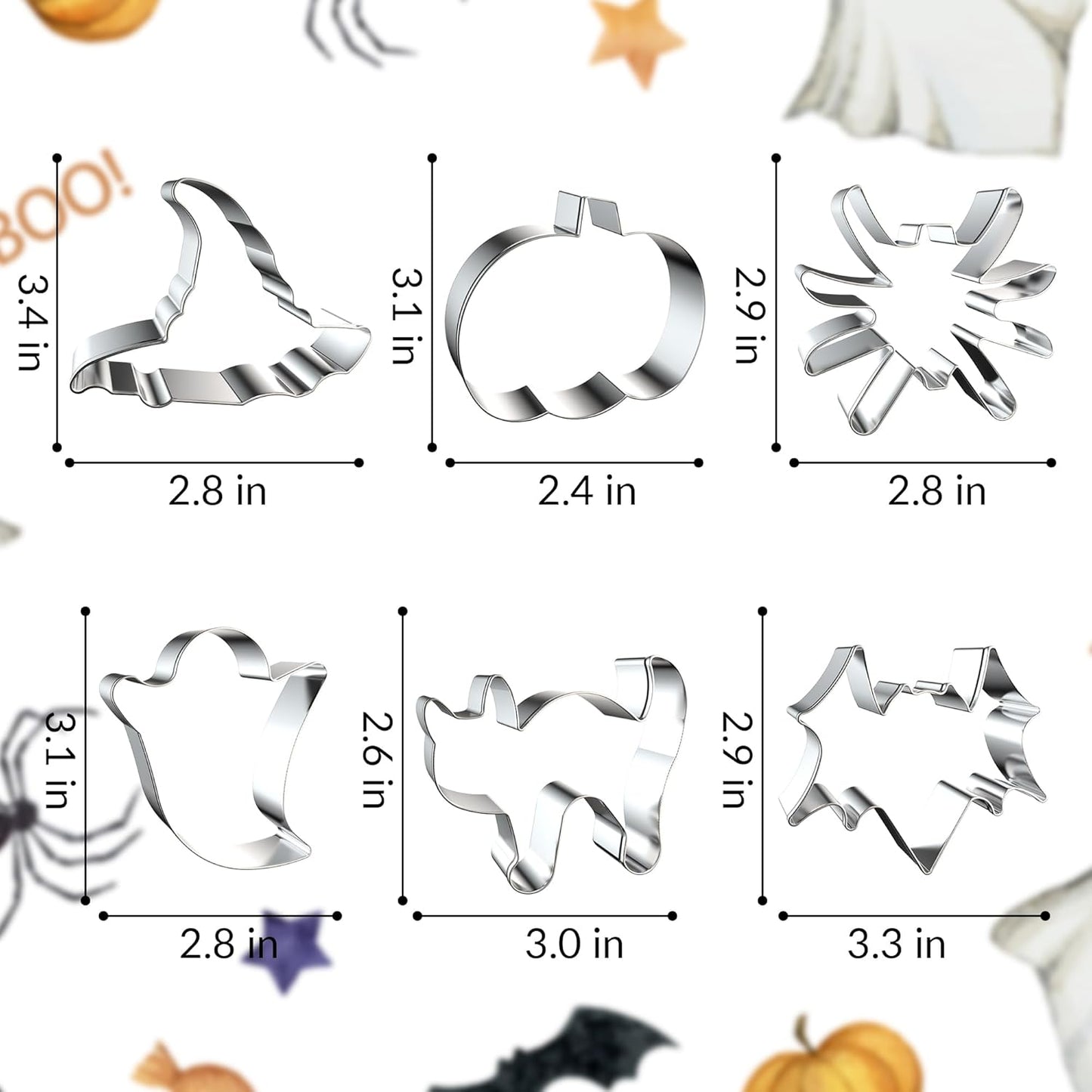 Halloween Cookie Cutters, 6 Pcs Holiday Cookie Cutters Halloween Shapes - Spider, Pumpkin, Bat, Cat, Ghost, Witch Hat for Cookie Baking