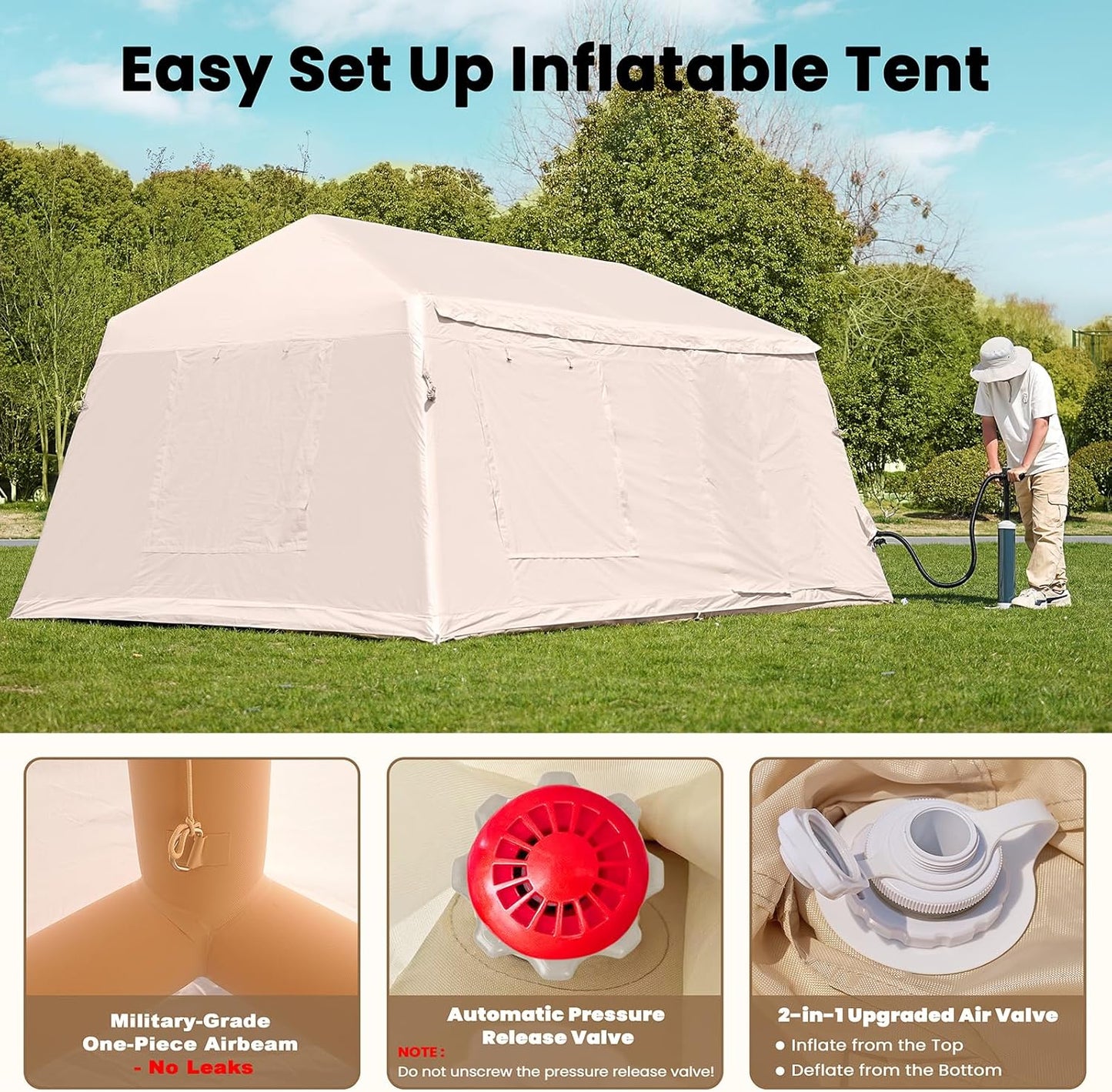 Inflatable Tents for Camping, Blow up Tent with Hand Pump, Easy Setup Inflatable Hot Tent with Stove Jack, Waterproof Oxford Air Glamping Tents for Camping Adult 4-6 Person