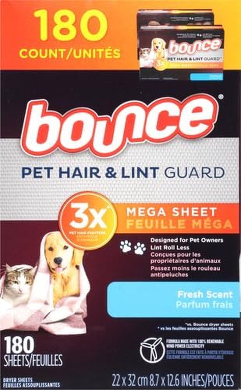 Pet Hair and Lint Guard Fabric Softener Dryer Sheets | Fresh Scent | 3X Pet Hair Fighters | Mega Sheets | 180 Count, Pack of 3