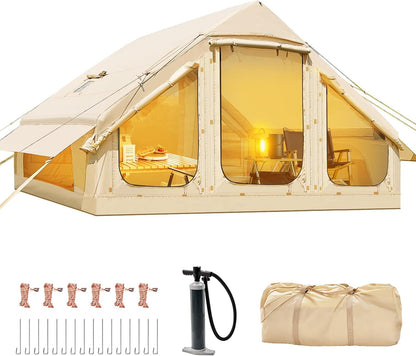 Inflatable Tents for Camping, Blow up Tent with Hand Pump, Easy Setup Inflatable Hot Tent with Stove Jack, Waterproof Oxford Air Glamping Tents for Camping Adult 4-6 Person