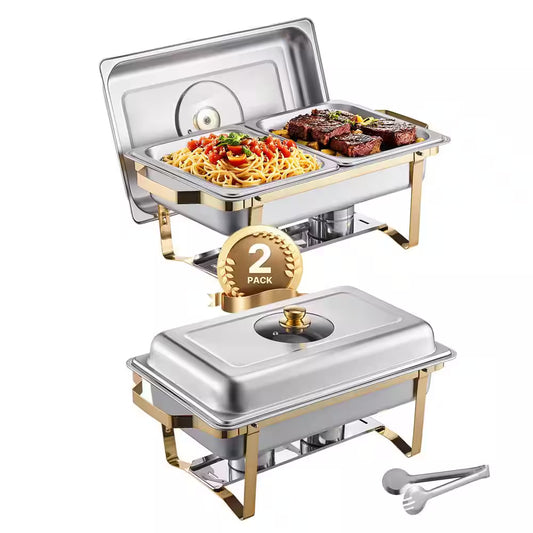 8 Qt. Chafing Dish Buffet Set Stainless Chafer with 2 Full & 4 Half Size Pans Rectangle Catering Warmer Server (2- Pack)