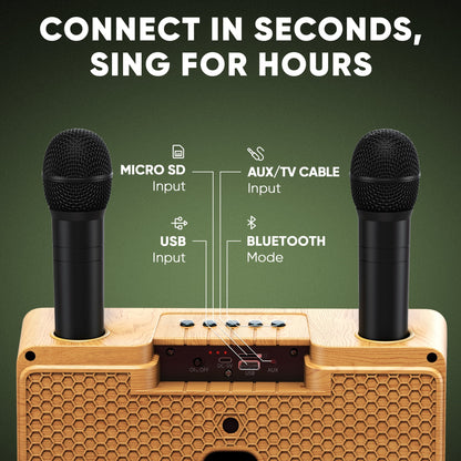 Karaoke Machine for Adults and Kids with 2 Wireless Microphones, Portable Bluetooth Singing Speaker, Colorful LED Lights, PA System, Lyrics Display Holder & TV Cable - Presto G2 (Wood)