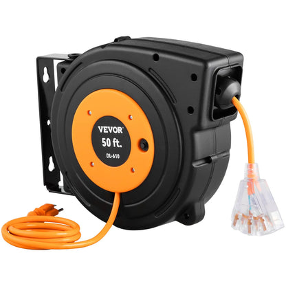 VEVOR 50Ft Retractable Extension Cord Reel 14AWG/3CSJTOW Power Cord Reel