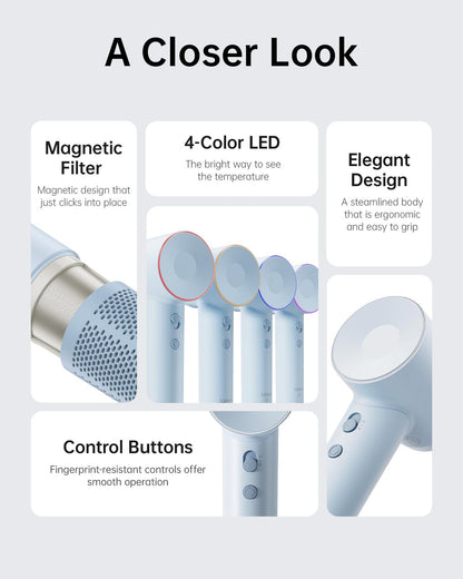 Hair Dryer SE, 200 Million Negative Ionic Blow Dryer with 105,000 RPM Brushless Motor 1400W Powerful Fast Drying High-Speed Low Noise Hairdryer with Magnetic Attachments