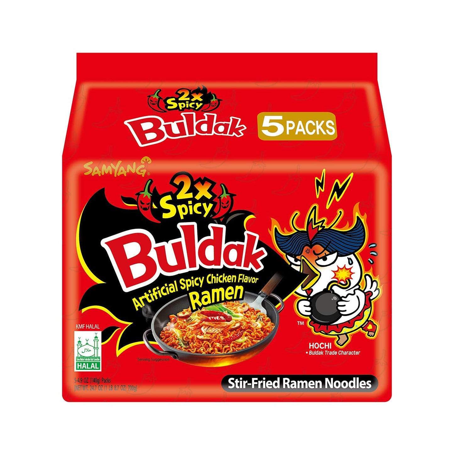 Buldak Hot Chicken Ramen, Korean Stir-Fried Instant Noodle, 2X Spicy, 4.94 Oz(140G), Pack of 5