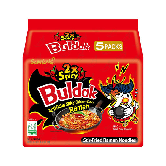 Buldak Hot Chicken Ramen, Korean Stir-Fried Instant Noodle, 2X Spicy, 4.94 Oz(140G), Pack of 5