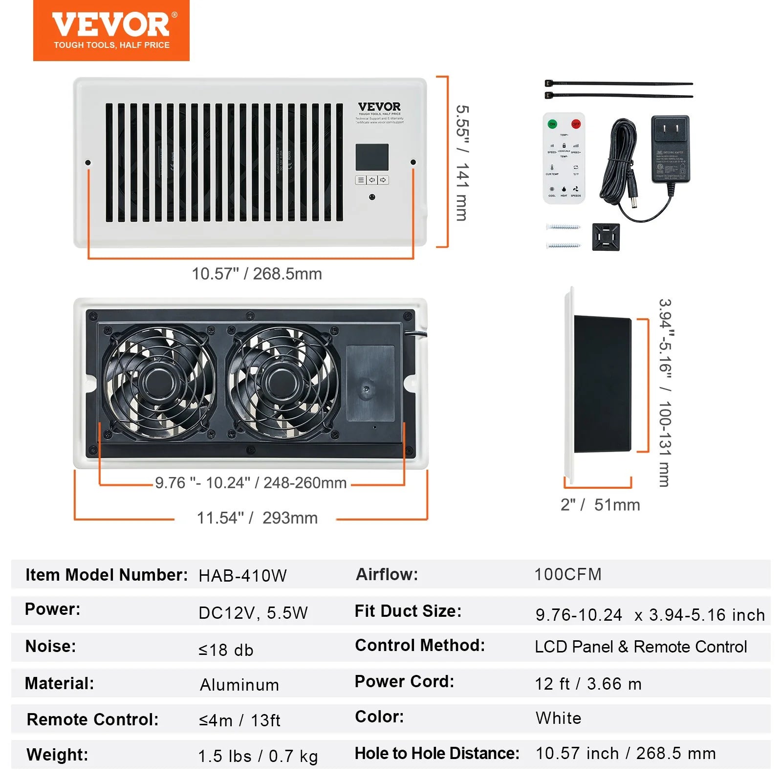 VEVOR Register Booster Fan, Quiet Vent Booster Fan Fits 4¡± X 10¡± Register Holes, with Remote Control and Thermostat Control, Adjustable Speed for Heating Cooling Smart Vent, White
