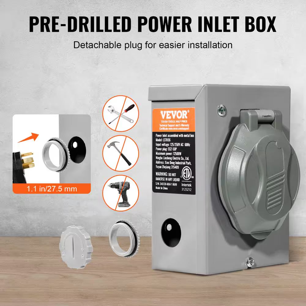 20 Ft. 50 Amp 125-Volt Generator Extension Cord and Power Inlet Box Kit STW 6/3 plus 8/1 AWG Generator Cord Twist Lock