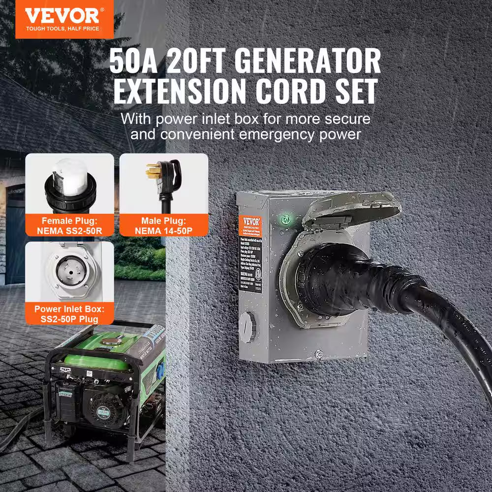 20 Ft. 50 Amp 125-Volt Generator Extension Cord and Power Inlet Box Kit STW 6/3 plus 8/1 AWG Generator Cord Twist Lock
