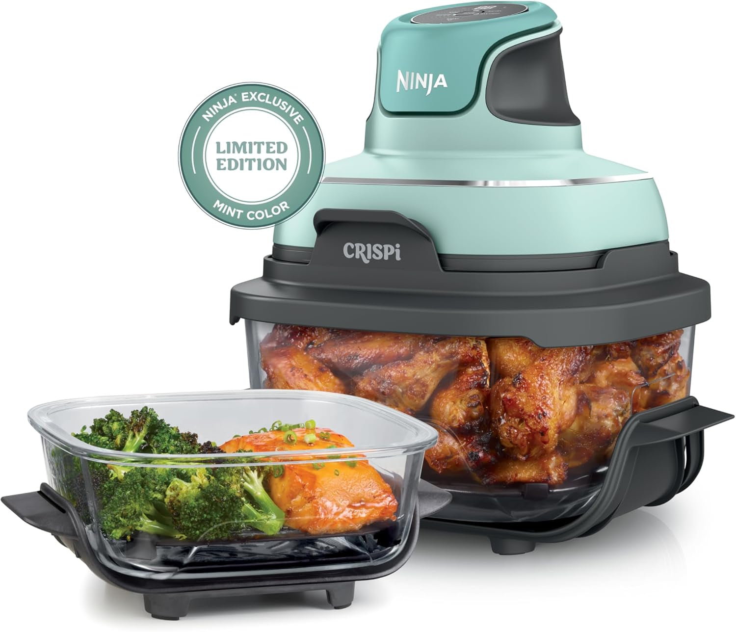 Crispi 4-In-1 Portable Glass Air Fryer Cooking System, 4 QT & 6 Cup Glass Containers with Storage Lids, Easy Meals, Microwave, Freezer & Dishwasher Safe, Air Fry, Bake, & More, Mint, FN101MT