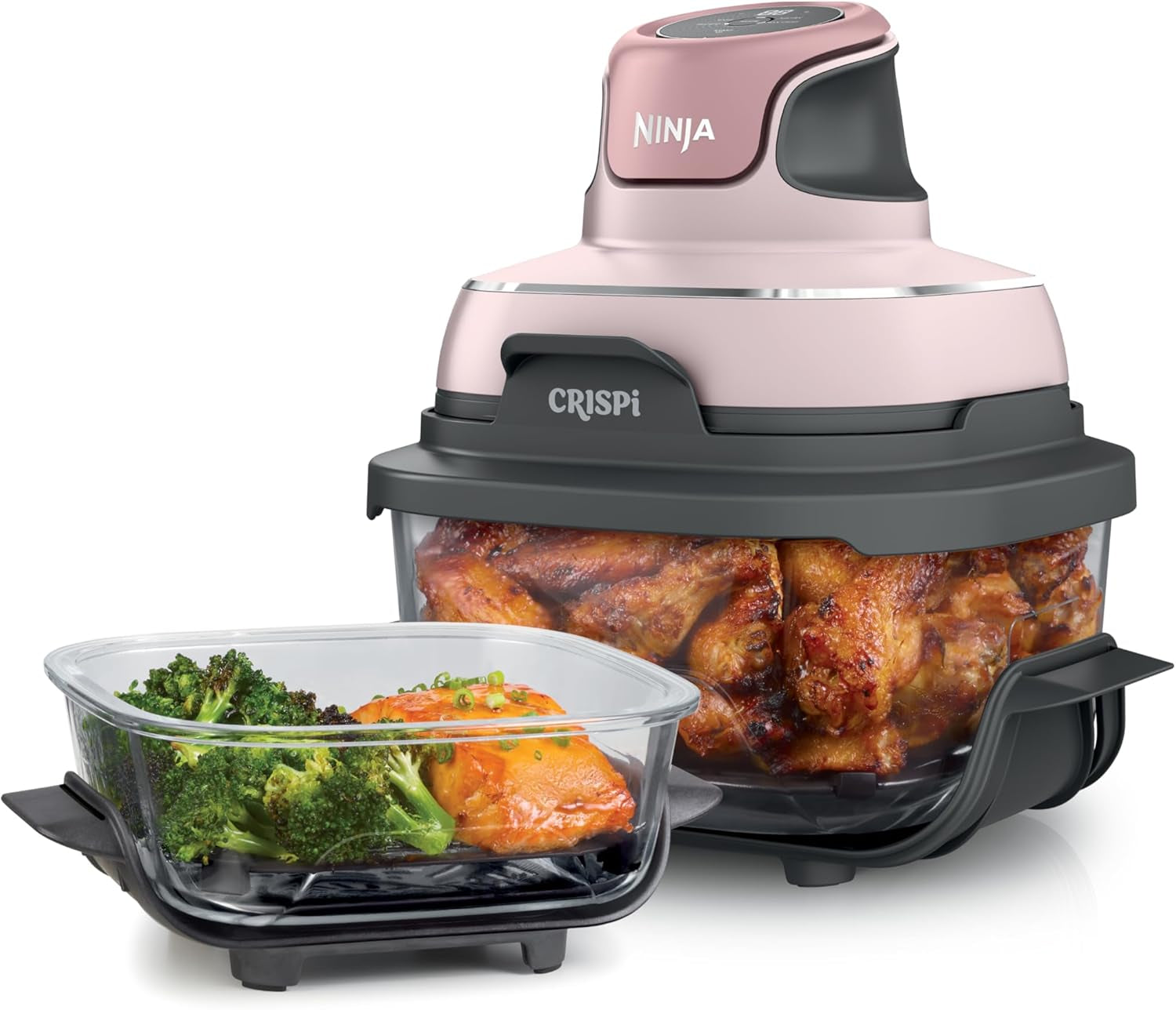Crispi 4-In-1 Portable Glass Air Fryer Cooking System, 4 QT & 6 Cup Glass Containers with Storage Lids, Easy Meals, Microwave, Freezer & Dishwasher Safe, Air Fry, Bake, & More, Pink, FN101PK