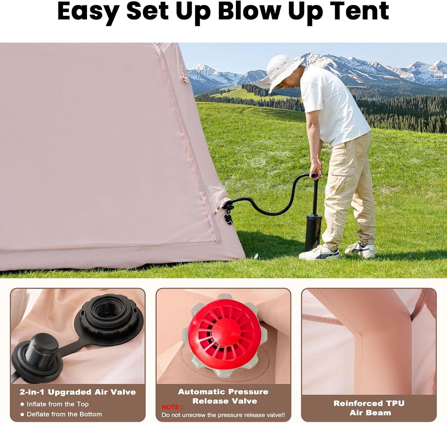 Inflatable Tents for Camping, Blow up Tent with Hand Pump, Easy Setup Inflatable Hot Tent with Stove Jack, Waterproof Oxford Air Glamping Tents for Camping Adult 4-6 Person