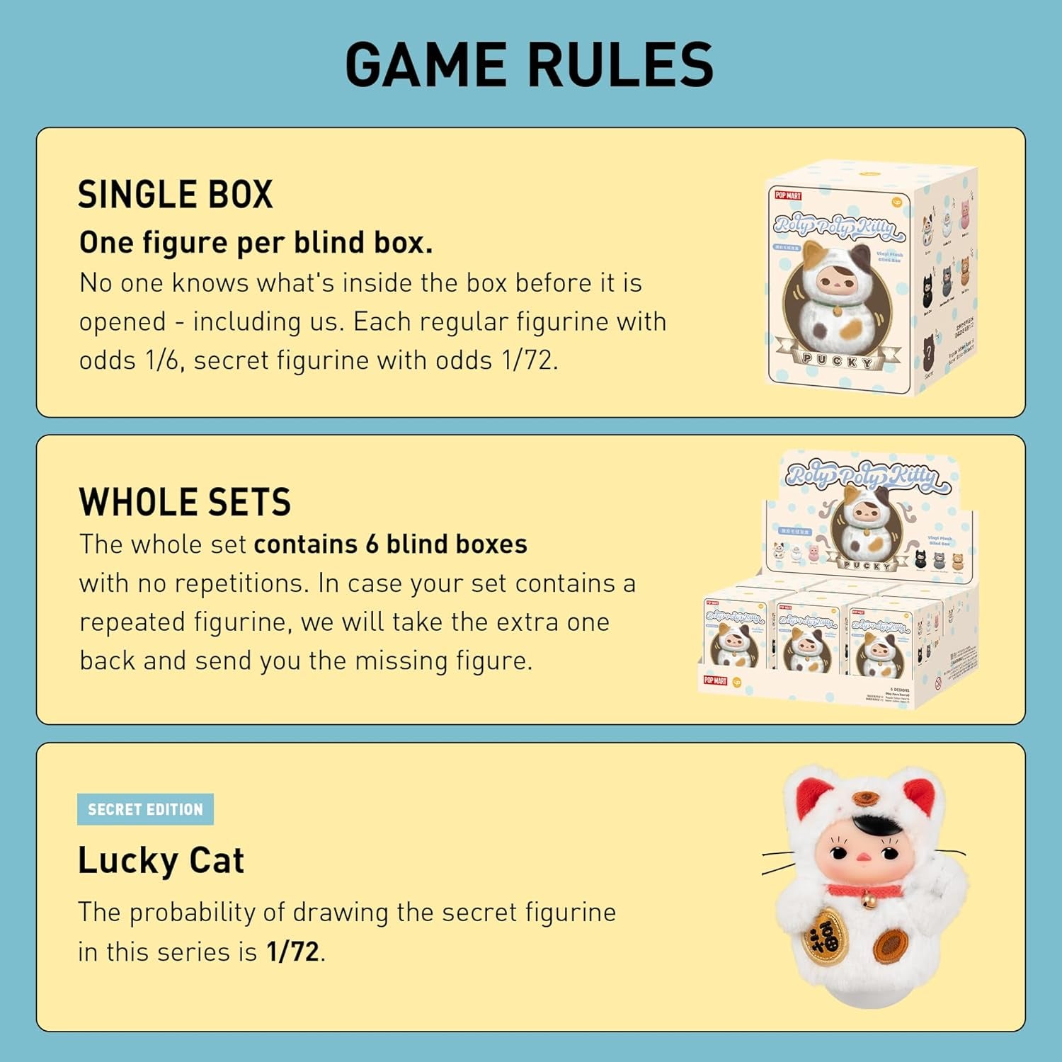 PUCKY Roly-Poly Kitty Series-Vinyl Plush Blind Box, 6Pcs PUCKY Blind Box Figures, Random Design Action Figures Collectible Toys Home Decorations, Holiday Birthday Gifts,Whole Set