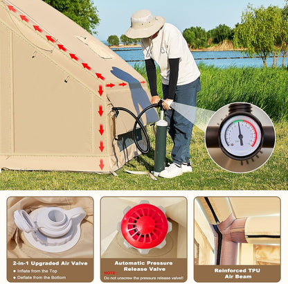 Inflatable Tents for Camping, Blow up Tent with Hand Pump, Easy Setup Inflatable Hot Tent with Stove Jack, Waterproof Oxford Air Glamping Tents for Camping Adult 4-6 Person