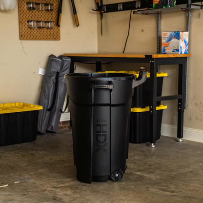 32 Gal. Black Outdoor Vented Trash Can with Wheels, Domed Lid, Rounded Handles, and Reinforced Foothold