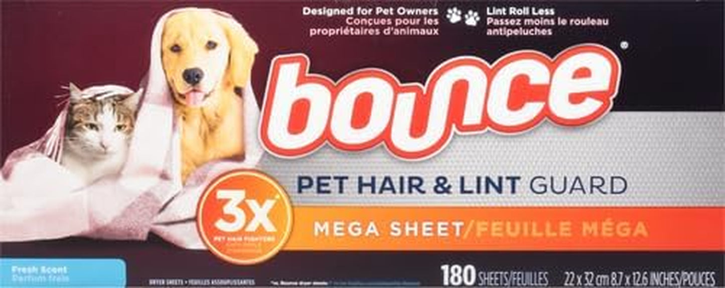 Pet Hair and Lint Guard Fabric Softener Dryer Sheets | Fresh Scent | 3X Pet Hair Fighters | Mega Sheets | 180 Count, Pack of 3