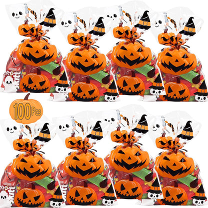 Halloween Treat Bags | 100 Pcs (6” X 9” Inch) |2.5 Mil Crystal Clear Cellophane Bags with Fun Scary Designs | Pumpkins, Witches Cello Bags | Halloween Party Decorations, Spooky Treat Bags