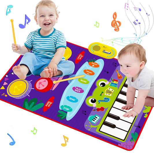 Upgraded Baby Toys for 1 Year Old Boys Girls, 2 in 1 Musical Toys Toddler Piano & Drum Mat with 2 Sticks, Learning Floor Blanket Gifts for 1 2 3 4 Year Boy Girl for Birthday Christmas