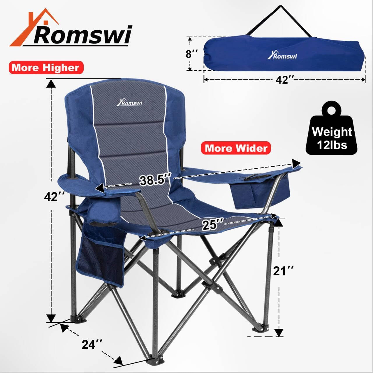 Oversized Camping Chairs,Heavy Duty Support 500 Lbs,Padded Back & Arm Sport Chairs, Cup Holder Cooler Bag, Collapsible Folding Chairs for Outdoor, Fishing & Garden, Blue,2-Pack