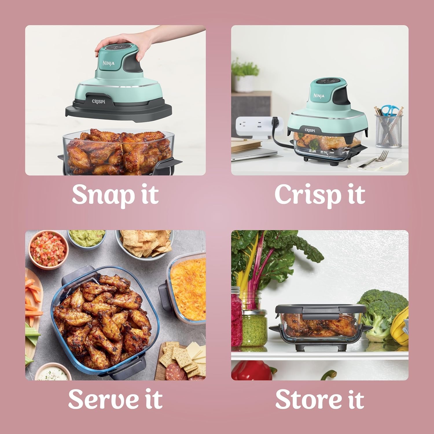 Crispi 4-In-1 Portable Glass Air Fryer Cooking System, 4 QT & 6 Cup Glass Containers with Storage Lids, Easy Meals, Microwave, Freezer & Dishwasher Safe, Air Fry, Bake, & More, Pink, FN101PK